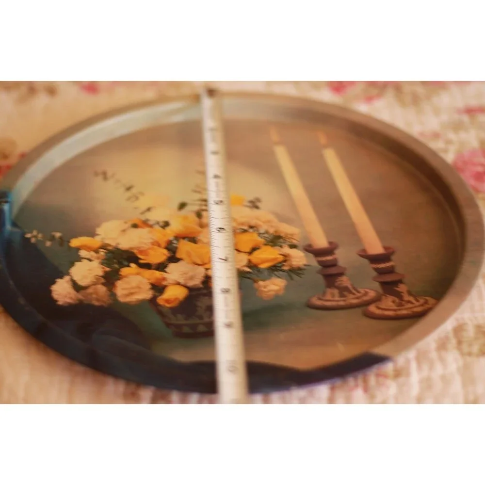 Vintage Round Metal Serving Tray Yellow White Flowers Candles